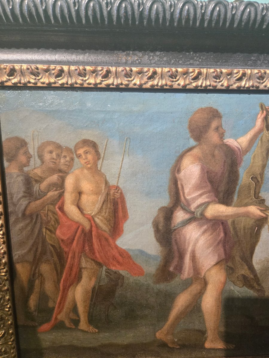 Paire de peintures a l'huile sur toile, scenes bibliques, cm  47 x 32 XVIII siecle  bon etata-photo-3
