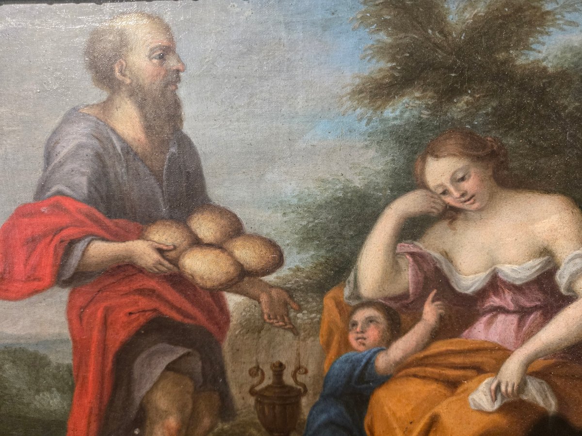 Paire de peintures a l'huile sur toile, scenes bibliques, cm  47 x 32 XVIII siecle  bon etata-photo-1