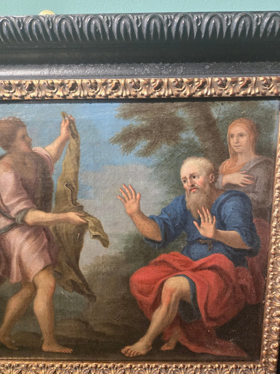 Paire de peintures a l'huile sur toile, scenes bibliques, cm  47 x 32 XVIII siecle  bon etata-photo-4