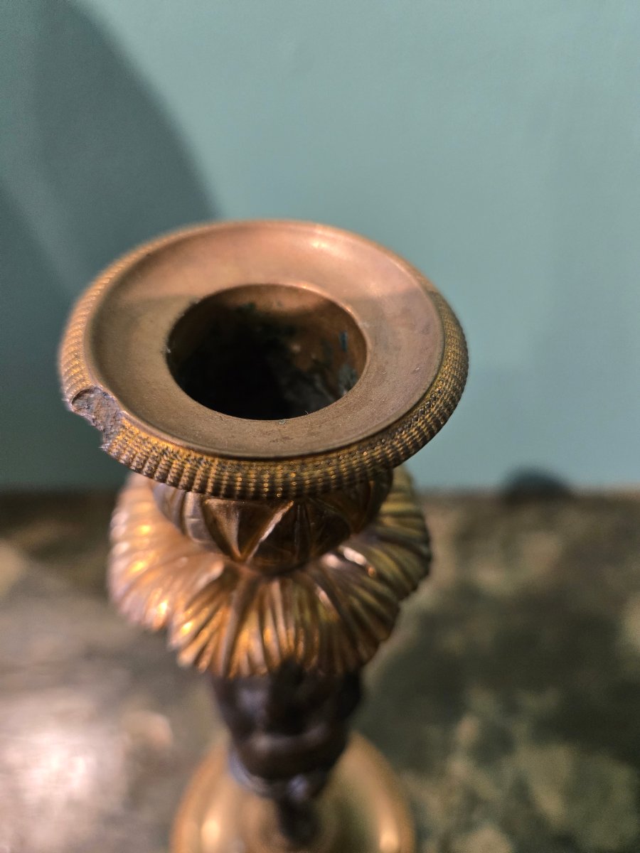 Paire de chandeliers en bronze a une flamme, return d'Egypte, a nettoyer, h 26 cm XIX siecle-photo-2