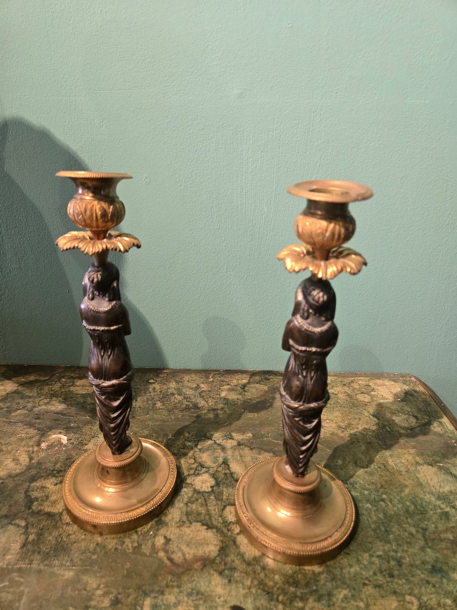 Paire de chandeliers en bronze a une flamme, return d'Egypte, a nettoyer, h 26 cm XIX siecle-photo-4