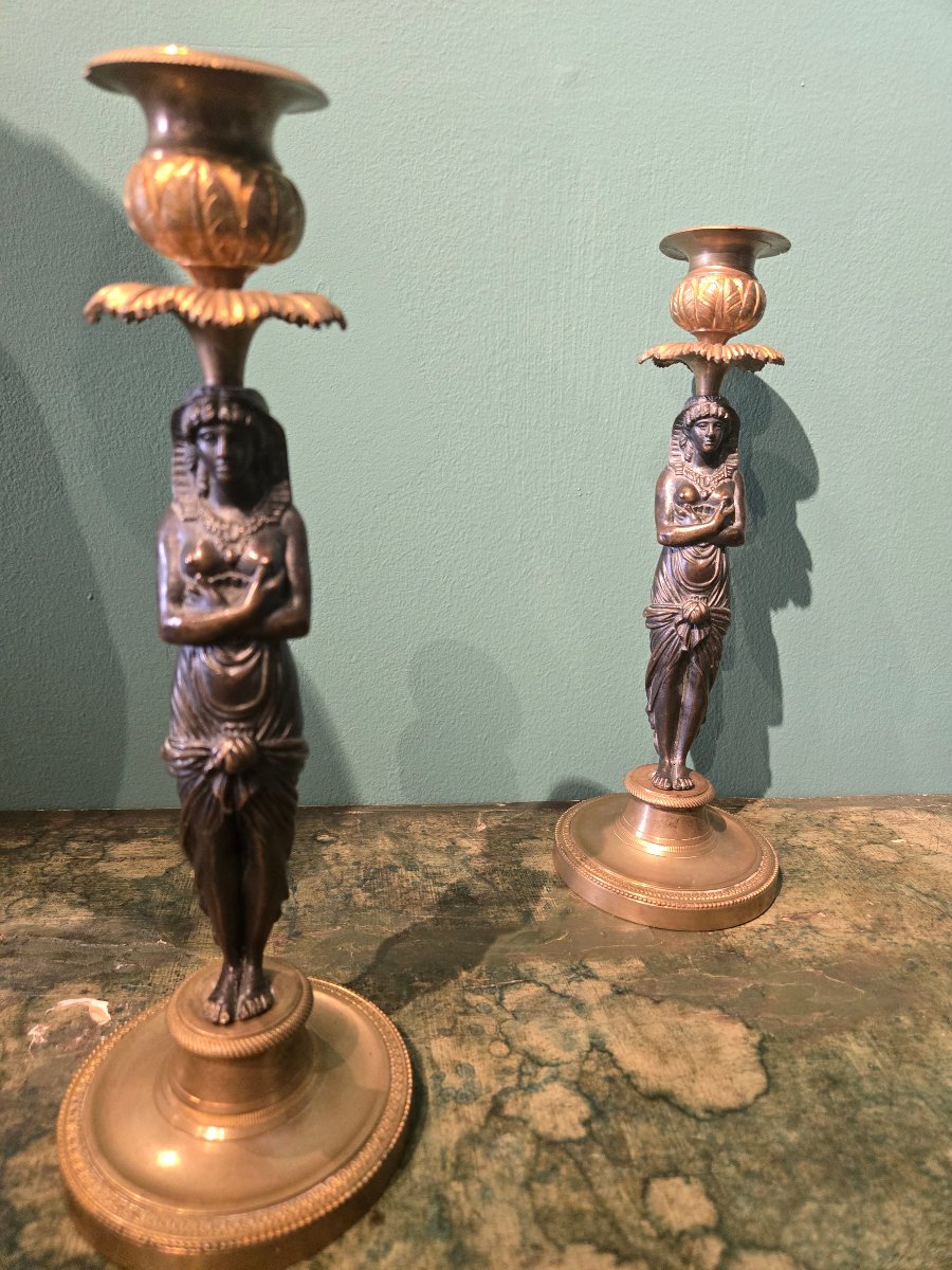 Paire de chandeliers en bronze a une flamme, return d'Egypte, a nettoyer, h 26 cm XIX siecle-photo-3