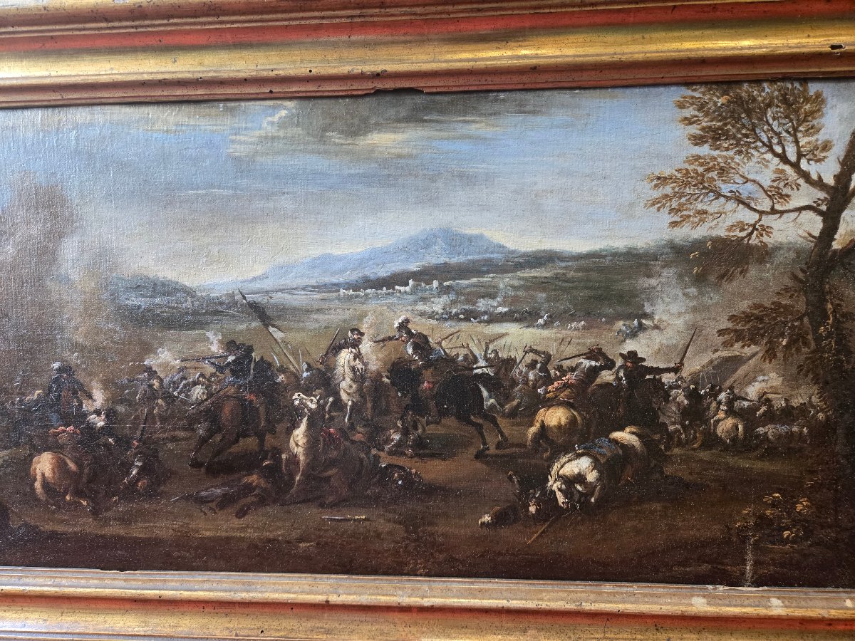 Paire de peinterus scenes de battaille, cm 73 x 39 , naples fin du XVII siecle, cadre ancienne-photo-3