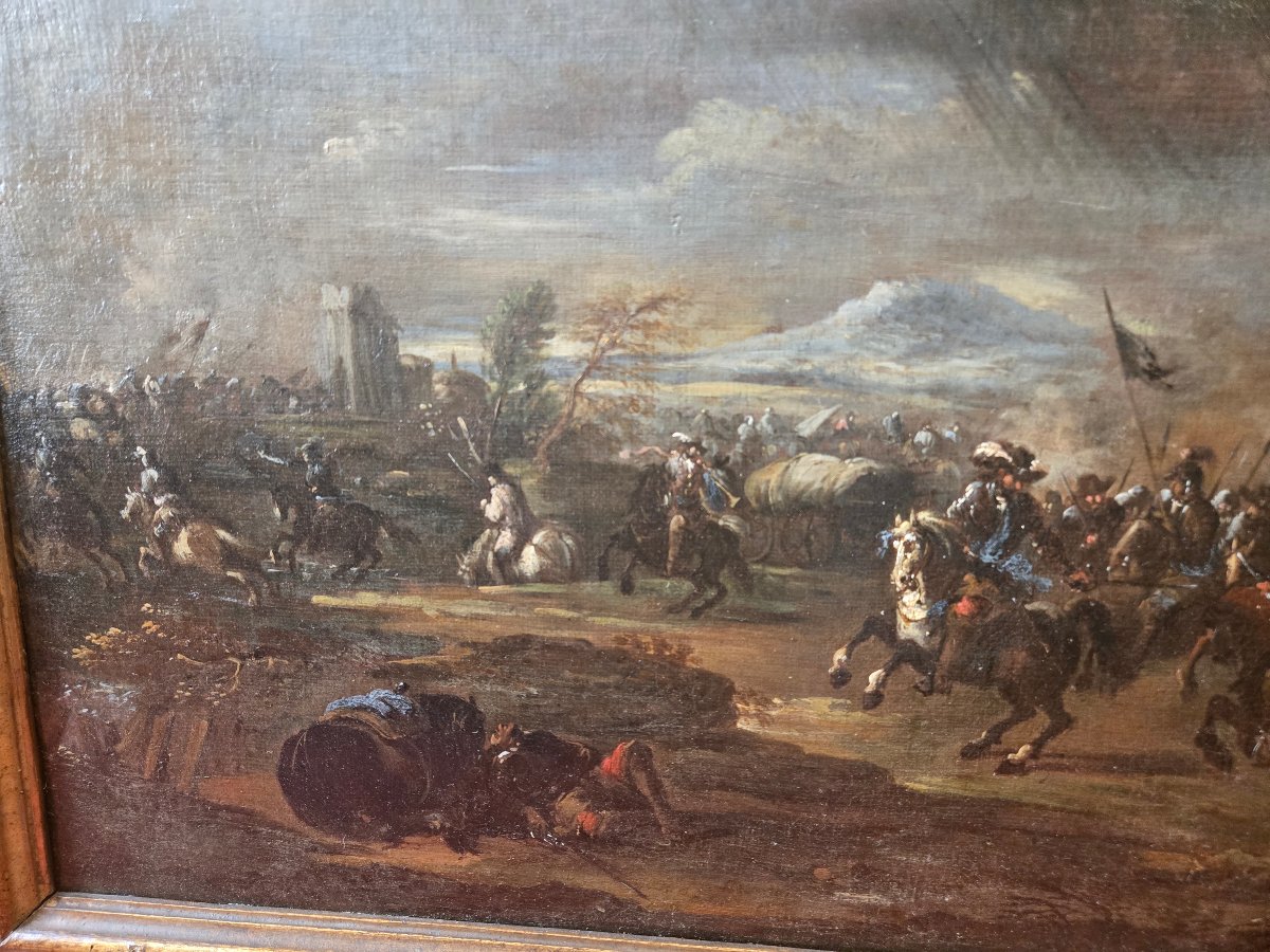 Paire de peinterus scenes de battaille, cm 73 x 39 , naples fin du XVII siecle, cadre ancienne-photo-1