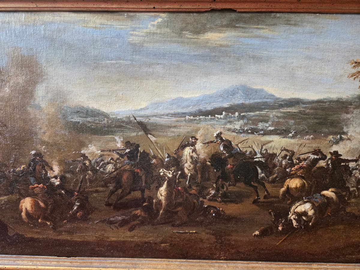 Paire de peinterus scenes de battaille, cm 73 x 39 , naples fin du XVII siecle, cadre ancienne-photo-2