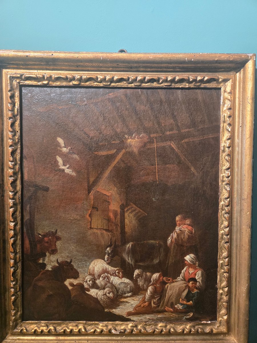 Huile sur toile, cm 35 x 42, scene pastorale a l'interieur, boulogne XVIII siecle, cadre anc-photo-4