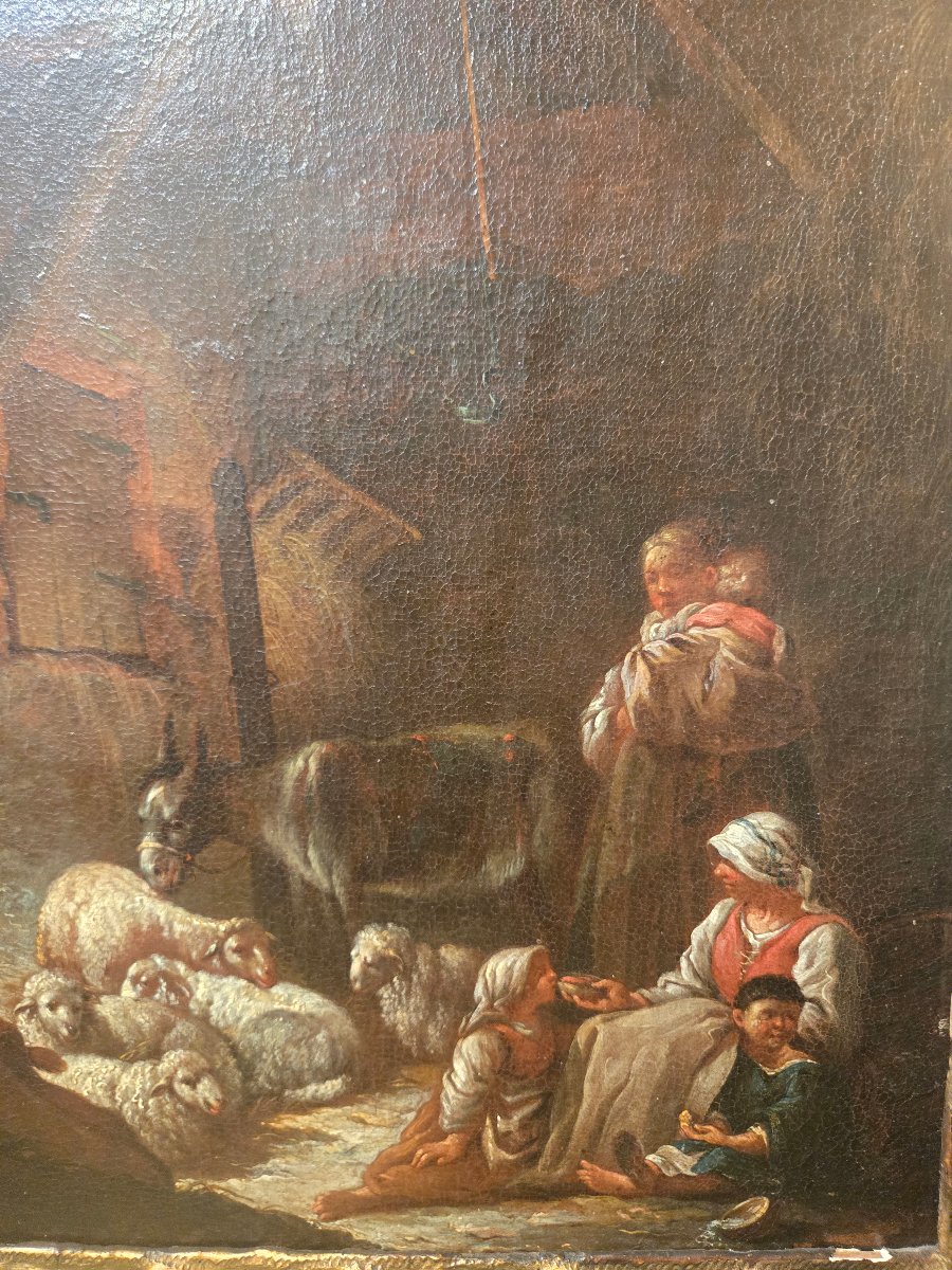 Huile sur toile, cm 35 x 42, scene pastorale a l'interieur, boulogne XVIII siecle, cadre anc-photo-1