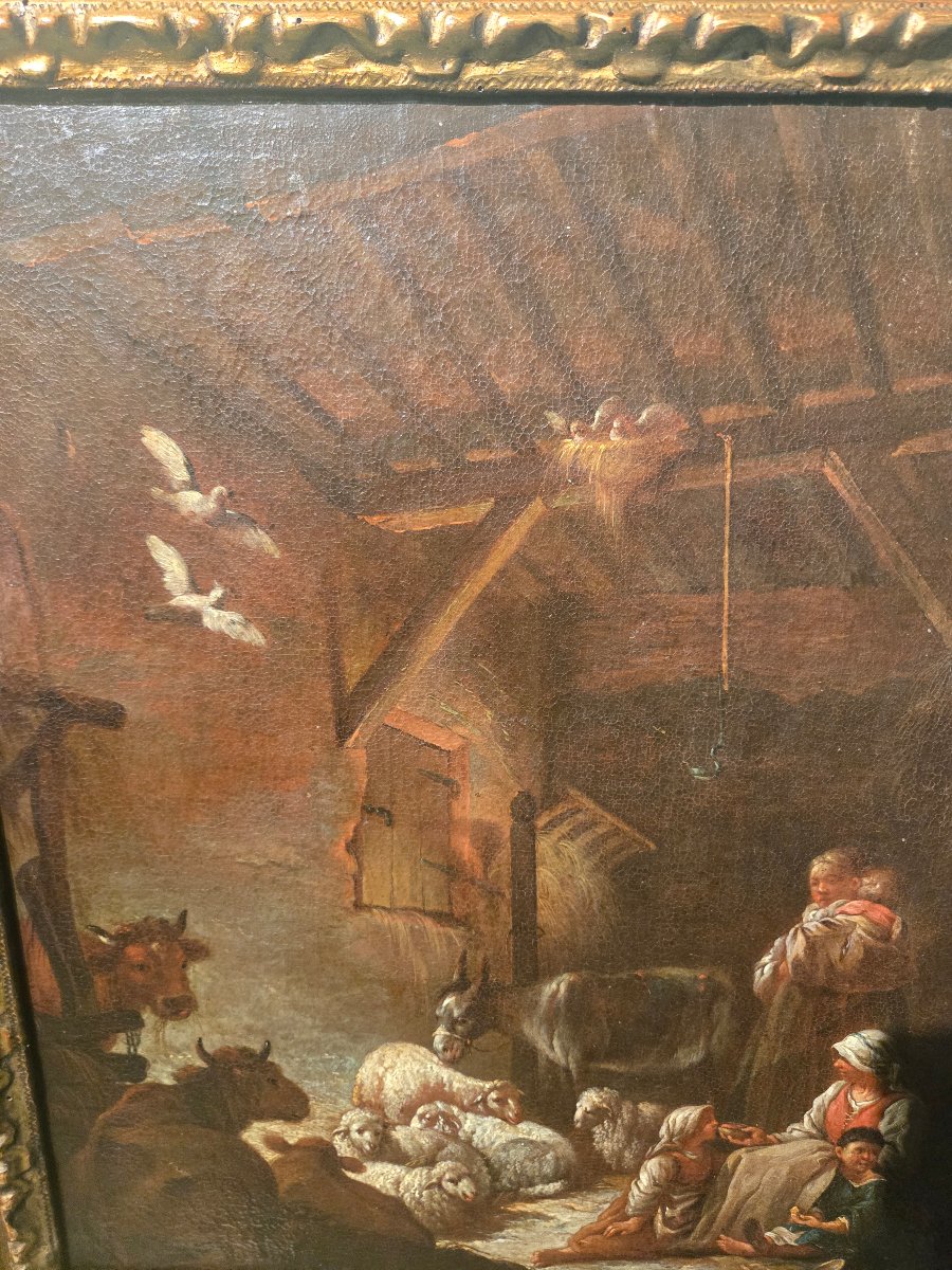 Huile sur toile, cm 35 x 42, scene pastorale a l'interieur, boulogne XVIII siecle, cadre anc-photo-2