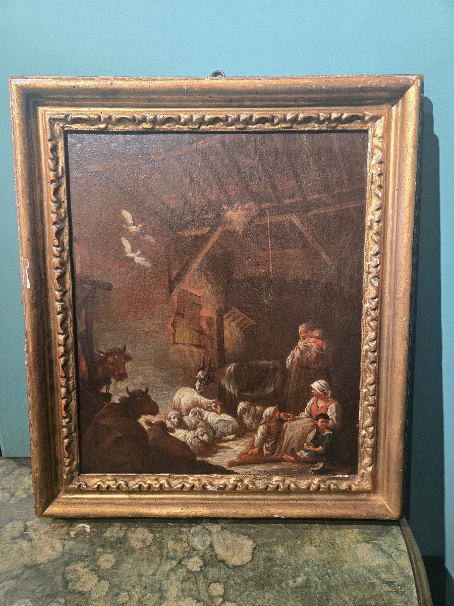 Huile sur toile, cm 35 x 42, scene pastorale a l'interieur, boulogne XVIII siecle, cadre anc