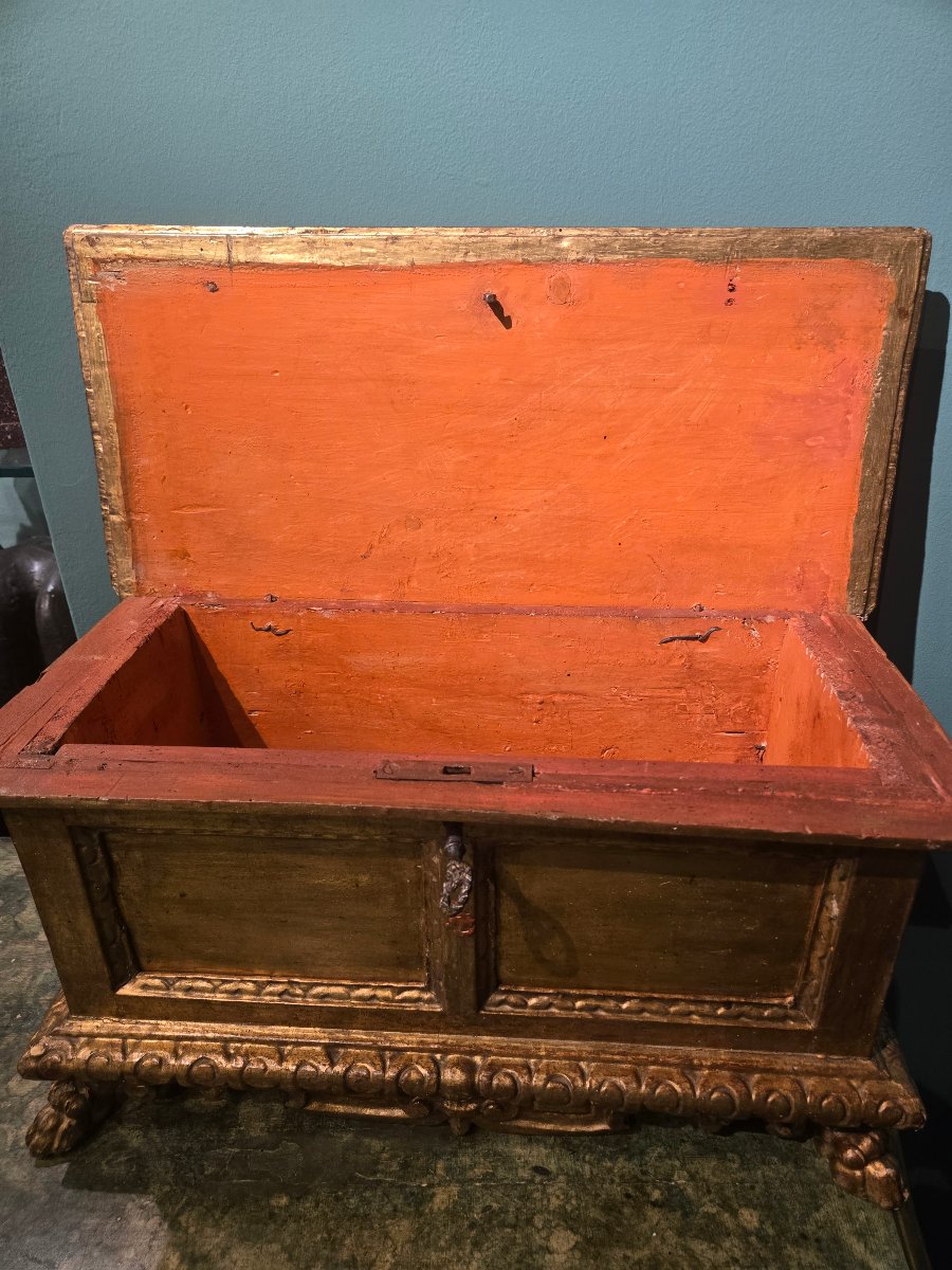 Gilded Wooden Box, Italy, Early 18th Century, Sealing Wax, Key, Good Condition-photo-4