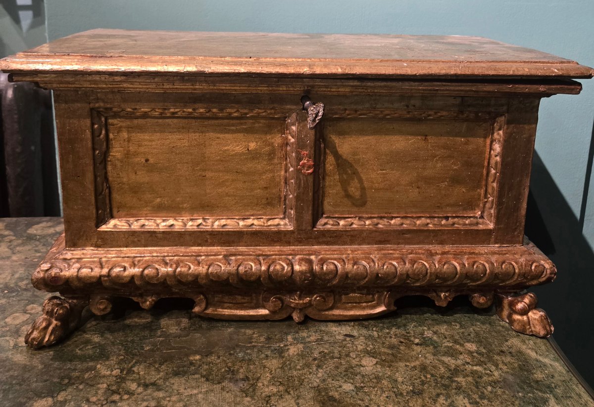 Gilded Wooden Box, Italy, Early 18th Century, Sealing Wax, Key, Good Condition