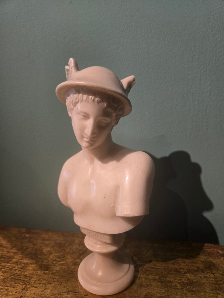 Petite buste de Mercure en albatre, XIX siecle, bon etat-photo-1