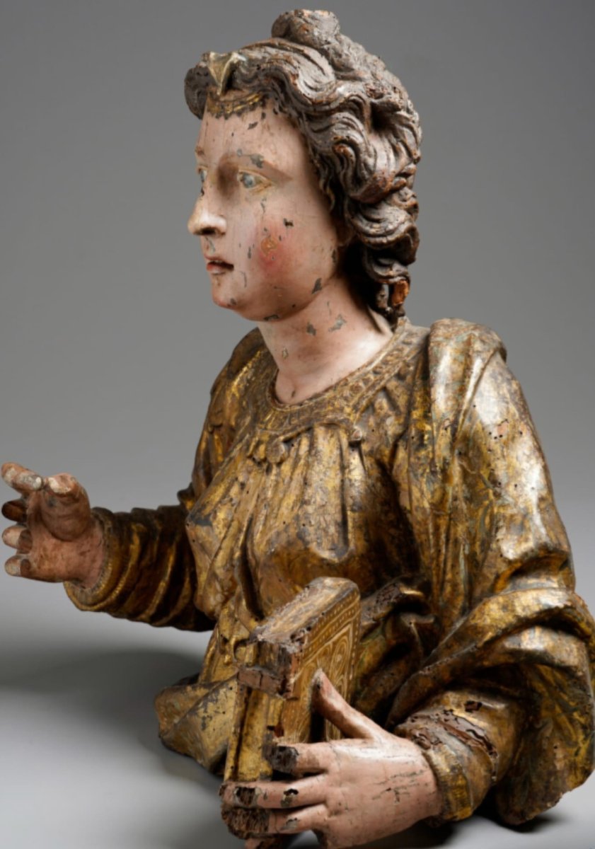 Lacquered And Gilded Wooden Bust Of A Saint, Polychrome, 56 X 40 Cm, Early 17th Century-photo-2