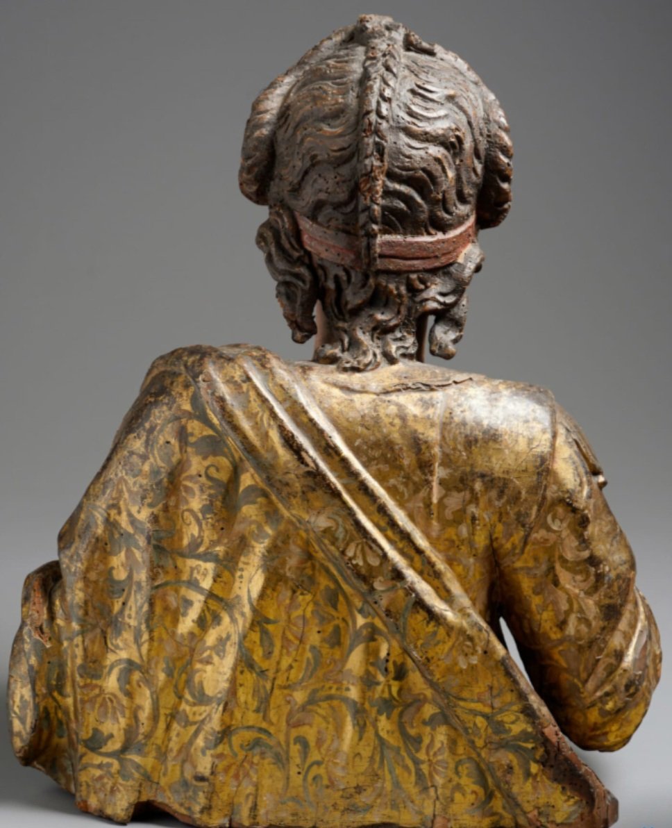 Lacquered And Gilded Wooden Bust Of A Saint, Polychrome, 56 X 40 Cm, Early 17th Century-photo-4