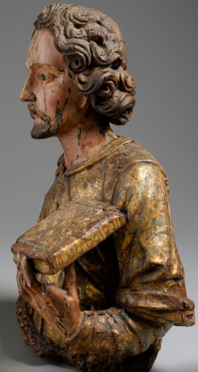 Buste en bois, laque, dore, polychrome, representant un saint, belle patine, XVII siecle-photo-3