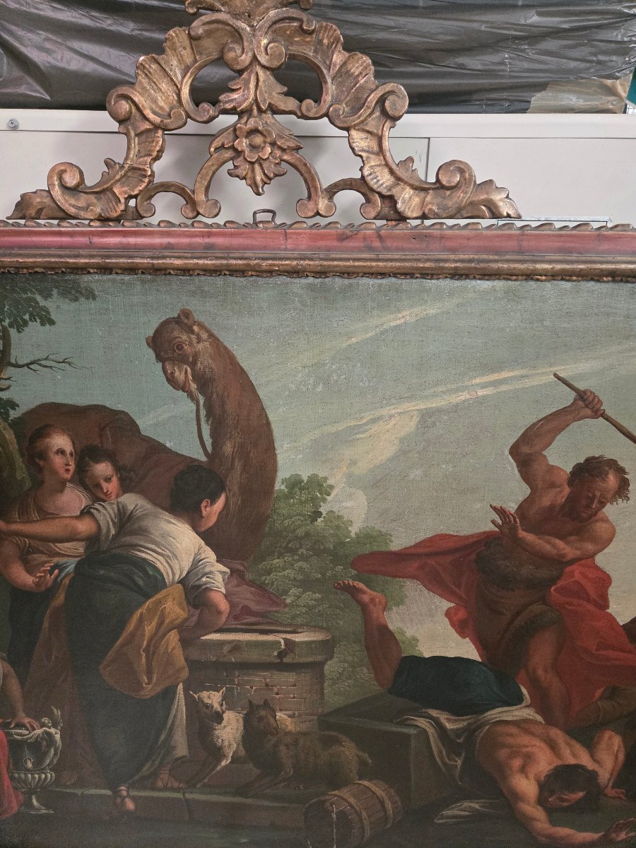 Huile sur toile, cm 115 x 81 , Moise qui difend les filles de Jetro, G.B.Marcola Verona 700-photo-4