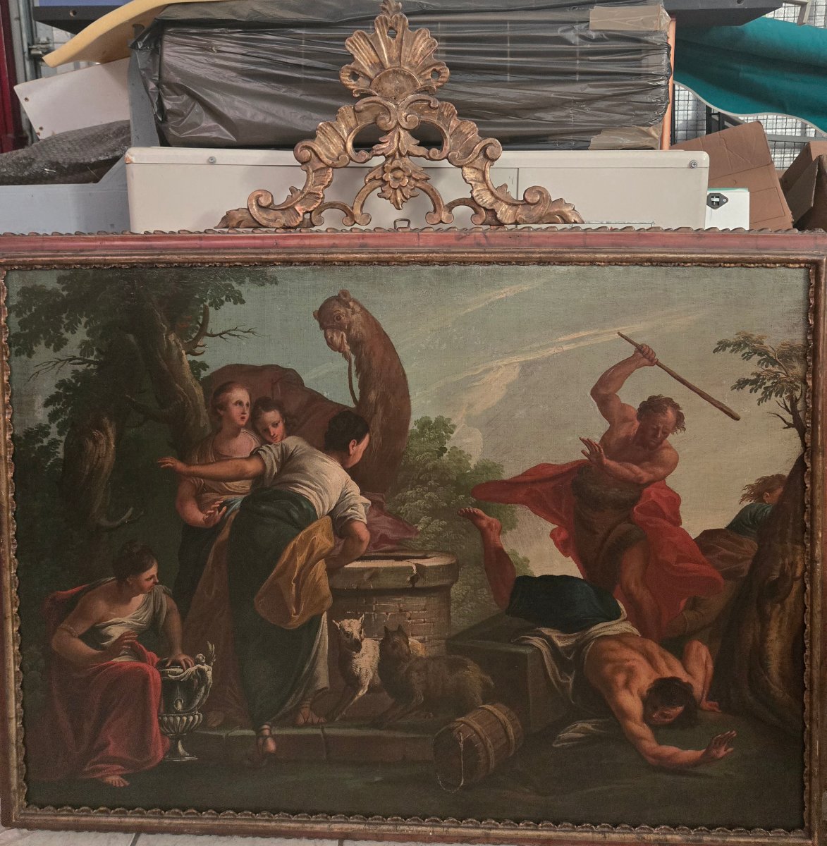 Huile sur toile, cm 115 x 81 , Moise qui difend les filles de Jetro, G.B.Marcola Verona 700