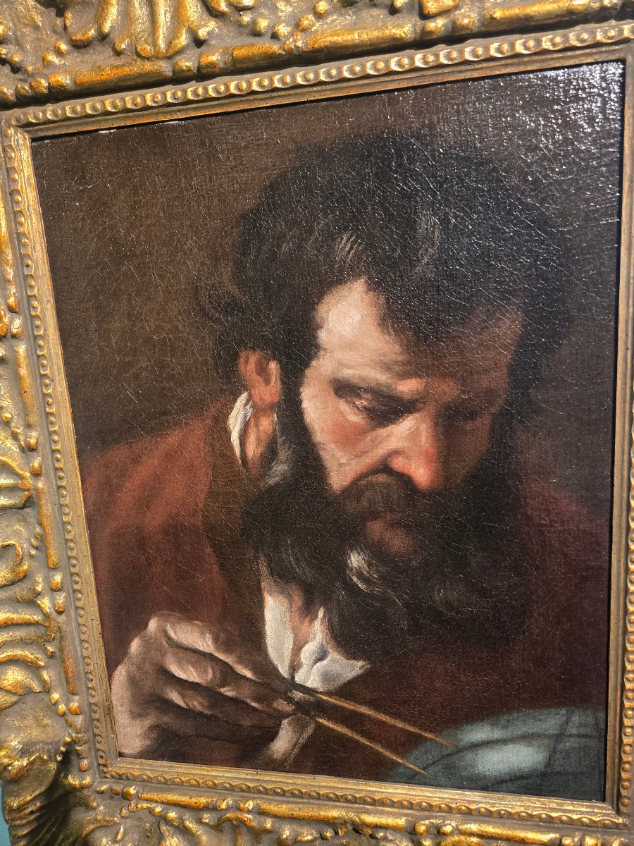 Oil On Canvas, 43 X 34 Cm, Rome, 17th Century, Portrait Of An Astronomer, Gilded Frame, Good Condition-photo-3