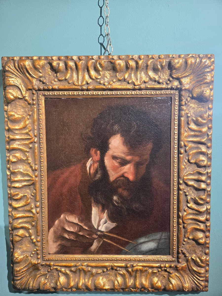 Oil On Canvas, 43 X 34 Cm, Rome, 17th Century, Portrait Of An Astronomer, Gilded Frame, Good Condition