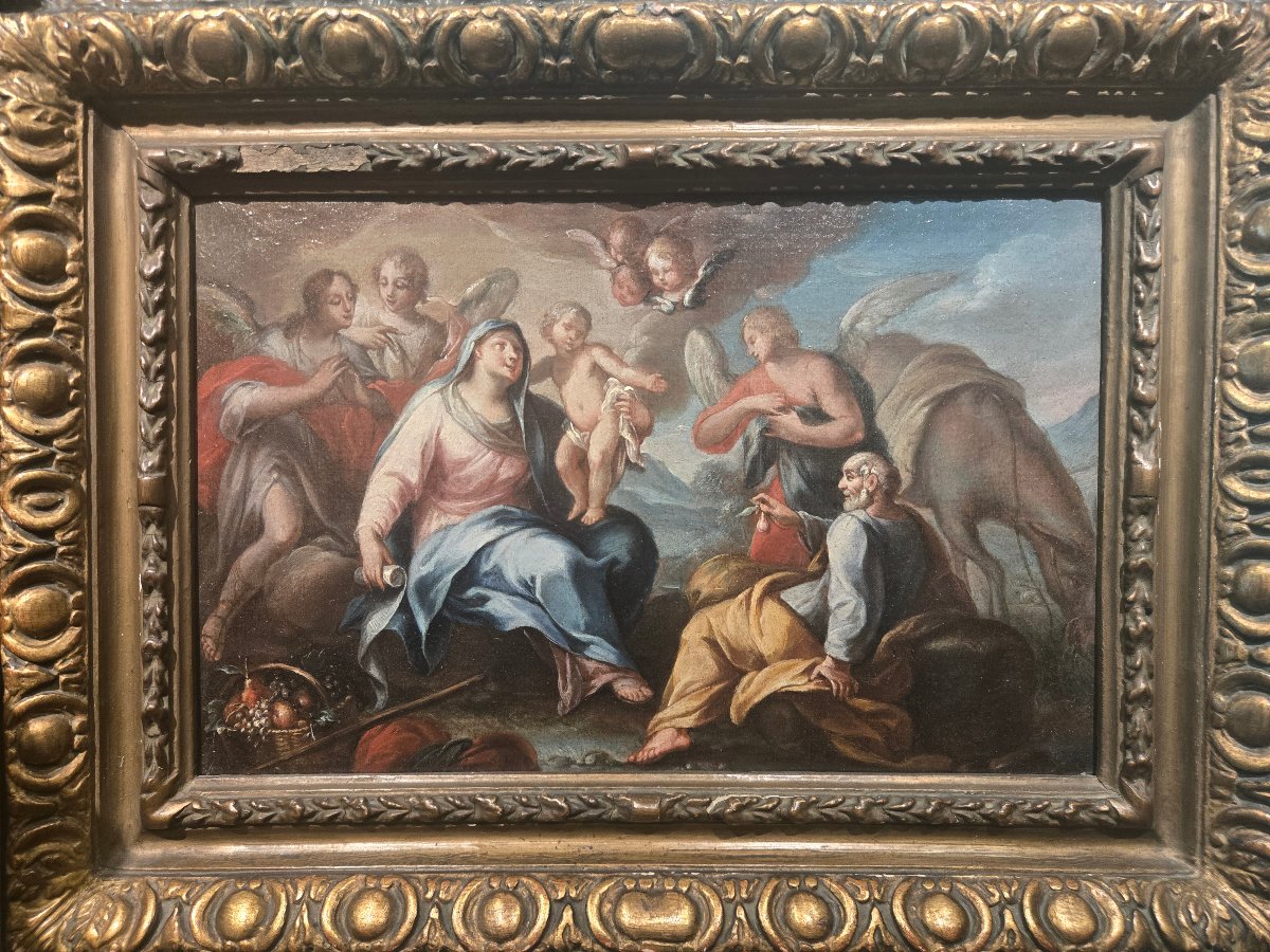 Oil On Canvas, Rest On The Flight Into Egypt, 25 X 35 Cm, 18th-century Venetian Master