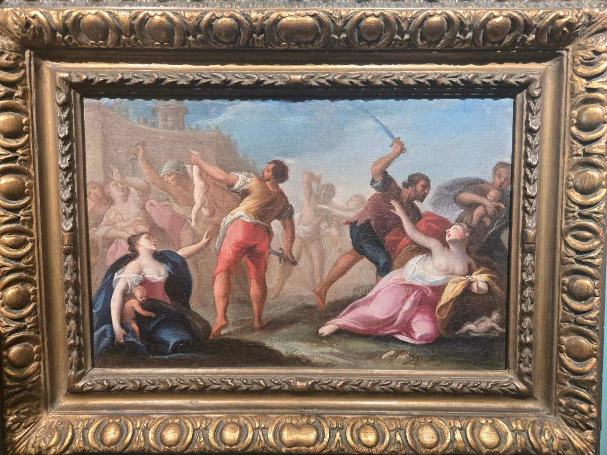 Huile sur toile,  25 x 35 cm , Le massacre des innocents,  Maitre venetienne du XVIII siecle 