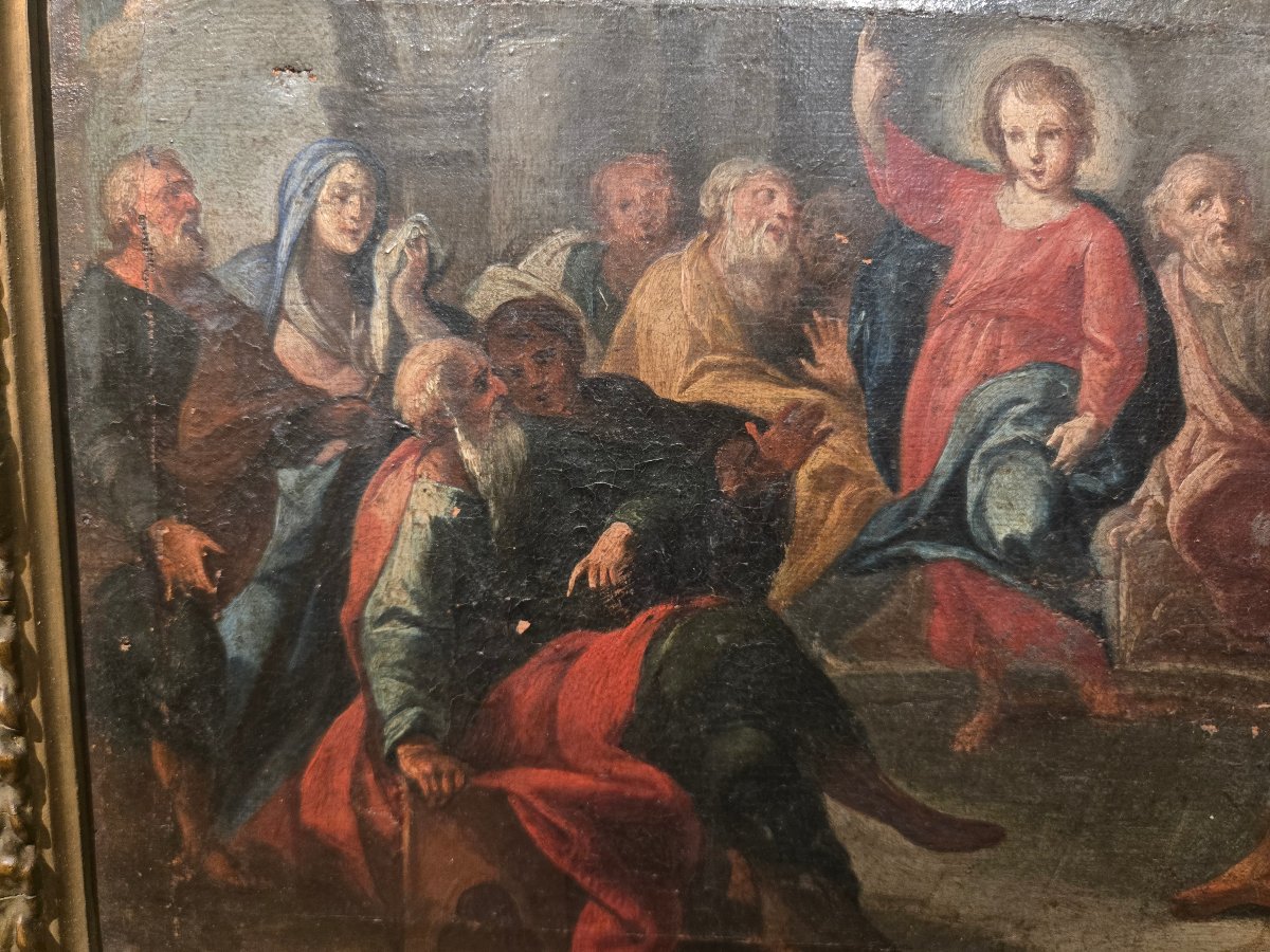 Huile sur toile cm 34 x 25 Jesus parmi les docteurs, maitre venetienne du XVIII siecle,  en eta-photo-2