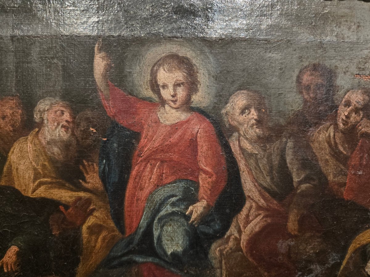 Huile sur toile cm 34 x 25 Jesus parmi les docteurs, maitre venetienne du XVIII siecle,  en eta-photo-3