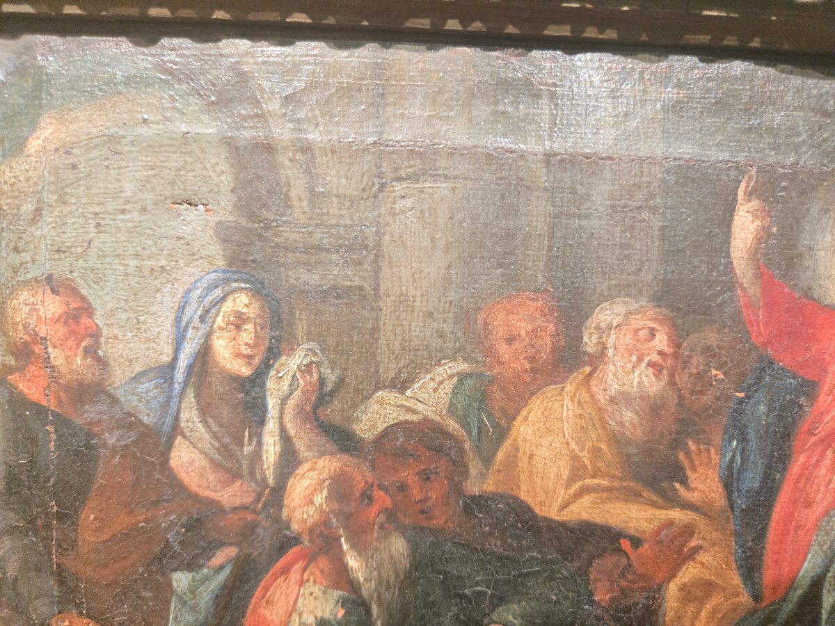 Huile sur toile cm 34 x 25 Jesus parmi les docteurs, maitre venetienne du XVIII siecle,  en eta-photo-3