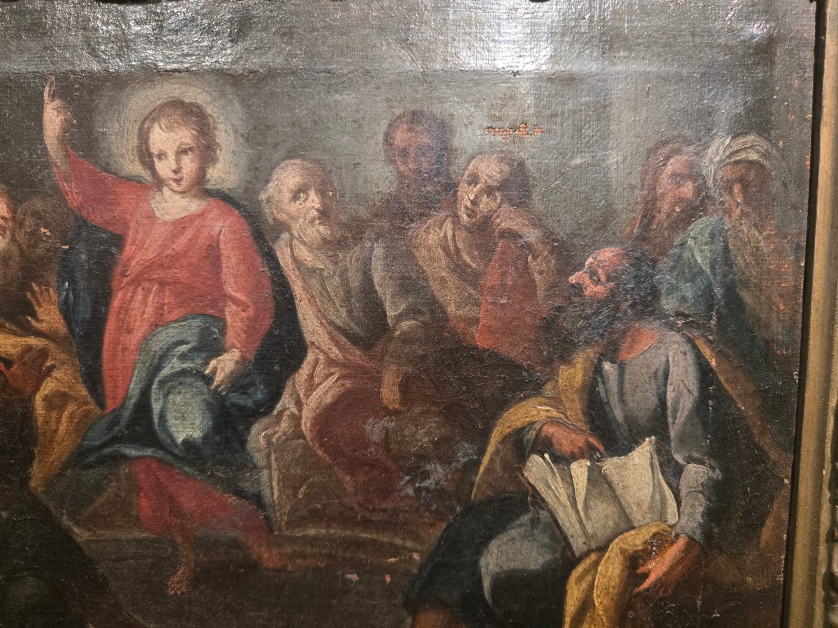 Huile sur toile cm 34 x 25 Jesus parmi les docteurs, maitre venetienne du XVIII siecle,  en eta-photo-4