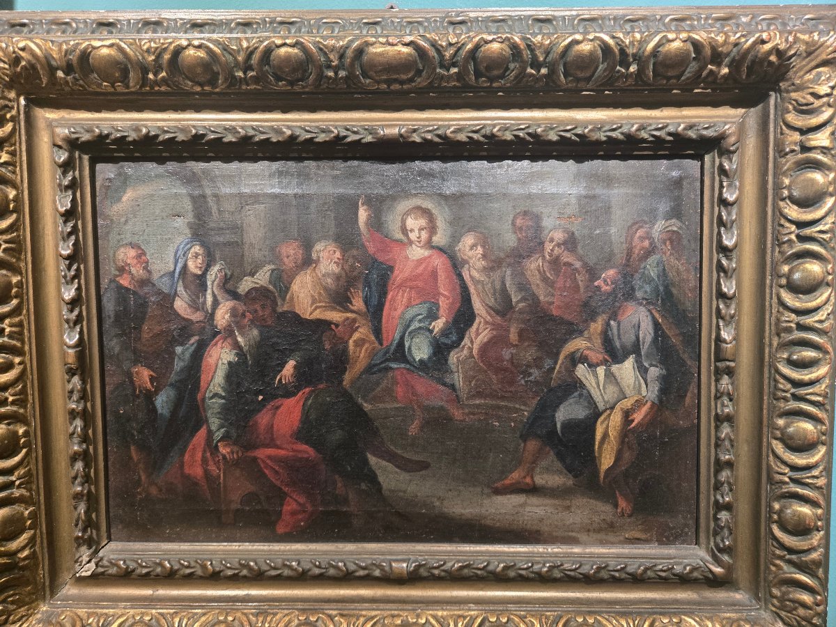 Huile sur toile cm 34 x 25 Jesus parmi les docteurs, maitre venetienne du XVIII siecle,  en eta