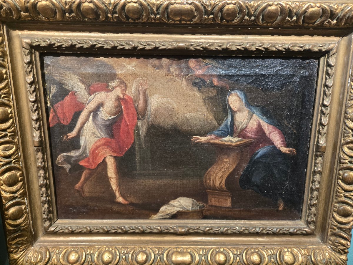 Oil On Canvas, 35 X 25 Cm, The Annunciation, 18th-century Venetian Master, Fair Condition-photo-3