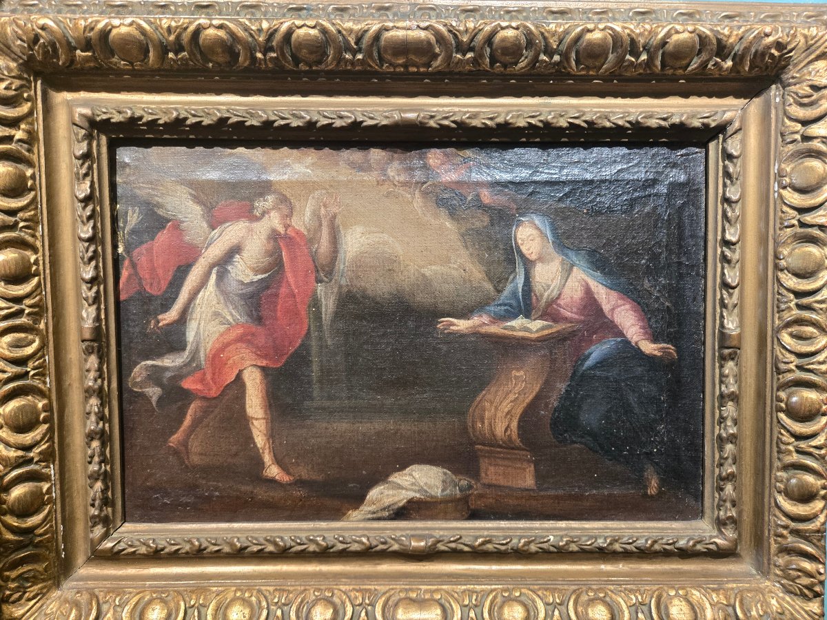 Oil On Canvas, 35 X 25 Cm, The Annunciation, 18th-century Venetian Master, Fair Condition
