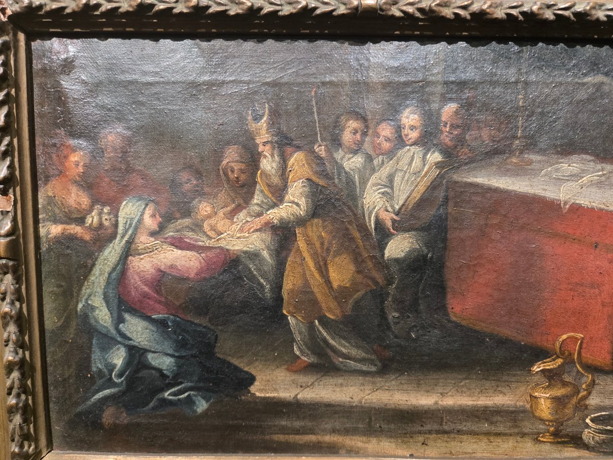 Huile sur toile, cm 35 x 25, Circoncision de Jesus, Maitre venetienne du XVIII siecle, en etat-photo-3