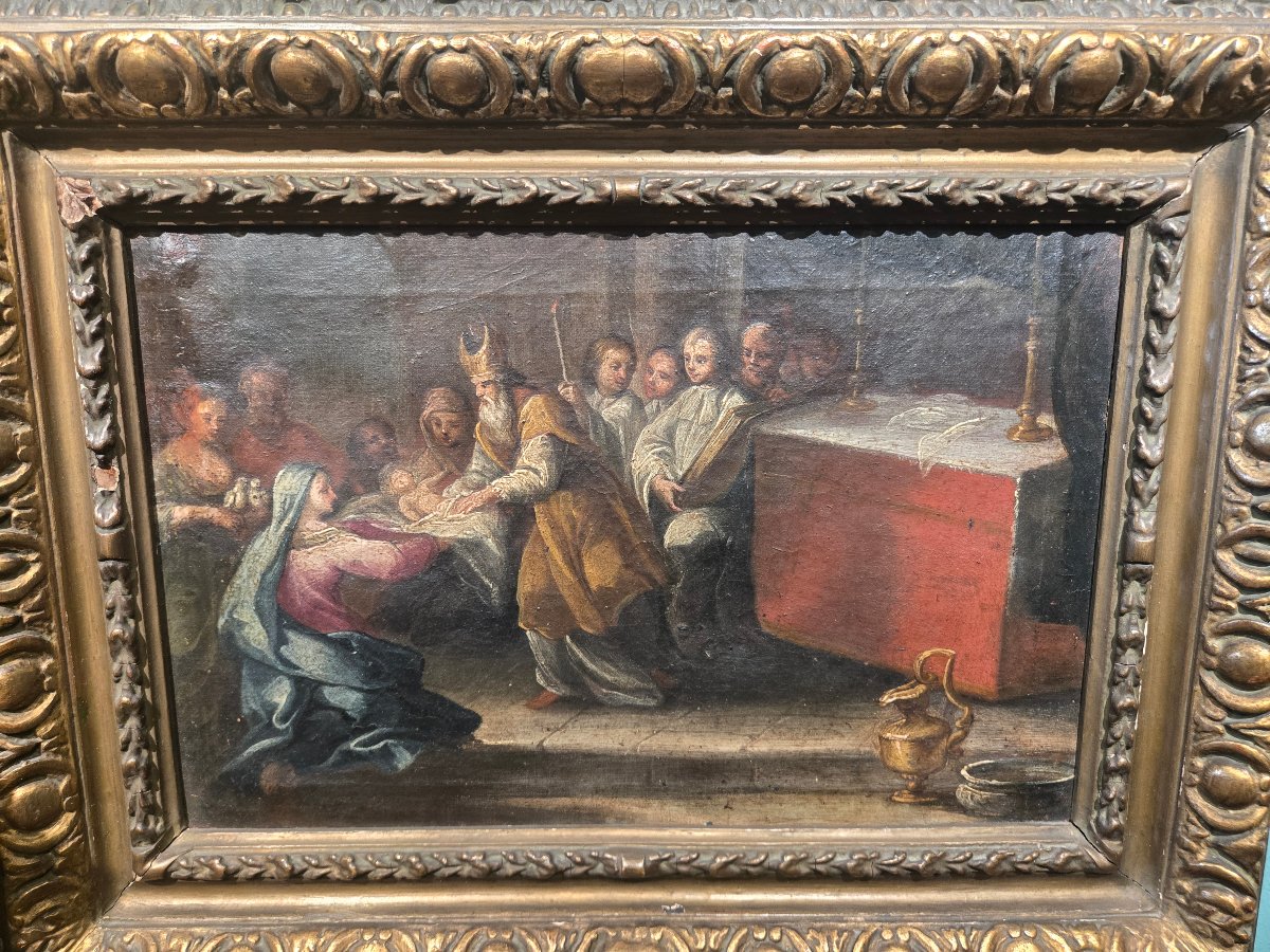 Huile sur toile, cm 35 x 25, Circoncision de Jesus, Maitre venetienne du XVIII siecle, en etat-photo-4
