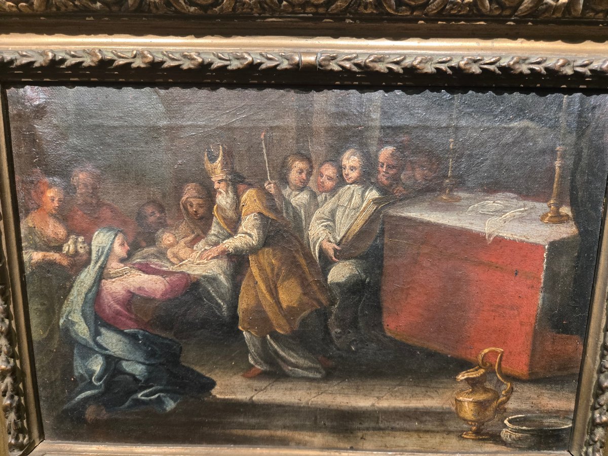 Huile sur toile, cm 35 x 25, Circoncision de Jesus, Maitre venetienne du XVIII siecle, en etat-photo-2