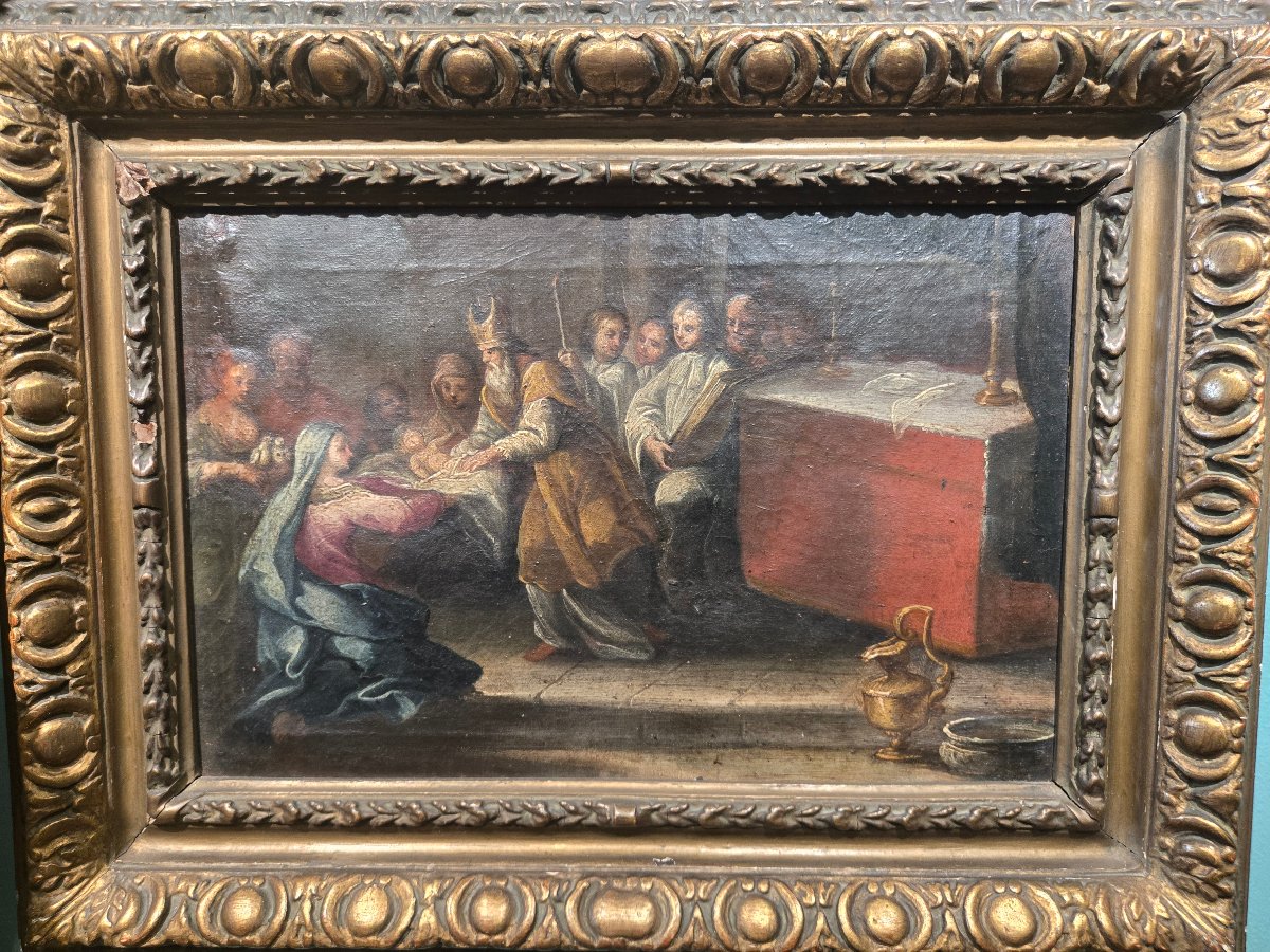 Huile sur toile, cm 35 x 25, Circoncision de Jesus, Maitre venetienne du XVIII siecle, en etat