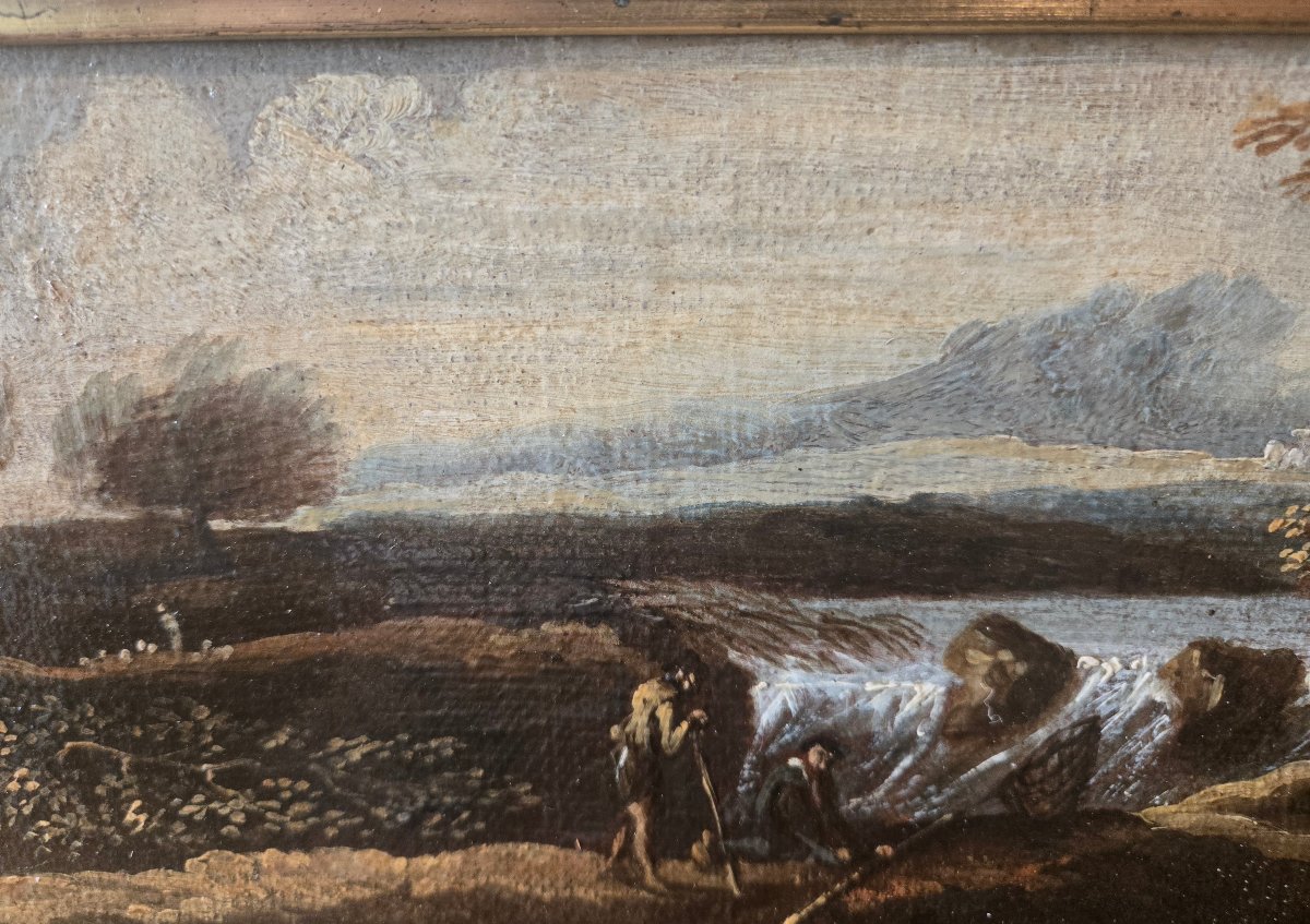 Pair Of Oil Paintings On Canvas, Landscapes With Figures, 47 X 16 Cm, Attributed To Crescenzo Onofri, Late 17th Century-photo-3