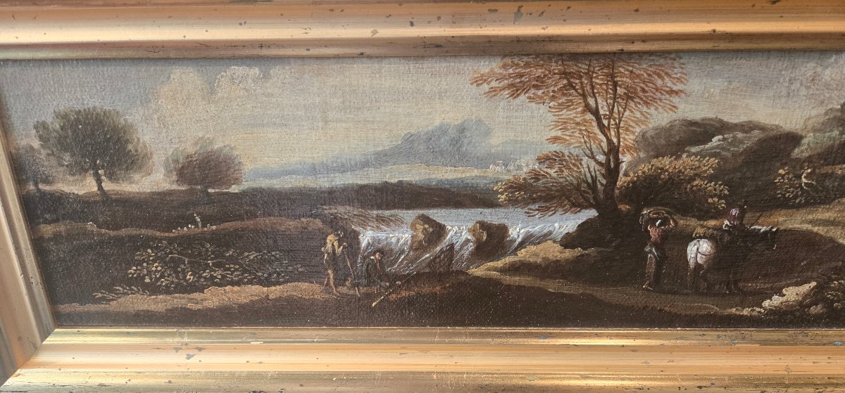 Pair Of Oil Paintings On Canvas, Landscapes With Figures, 47 X 16 Cm, Attributed To Crescenzo Onofri, Late 17th Century-photo-4