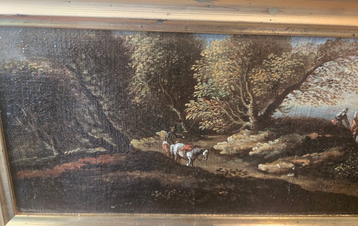 Pair Of Oil Paintings On Canvas, Landscapes With Figures, 47 X 16 Cm, Attributed To Crescenzo Onofri, Late 17th Century-photo-2