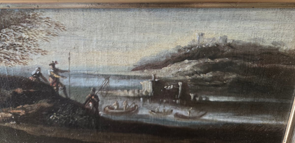 Pair Of Oil Paintings On Canvas, Landscapes With Figures, 47 X 16 Cm, Attributed To Crescenzo Onofri, Late 17th Century-photo-3