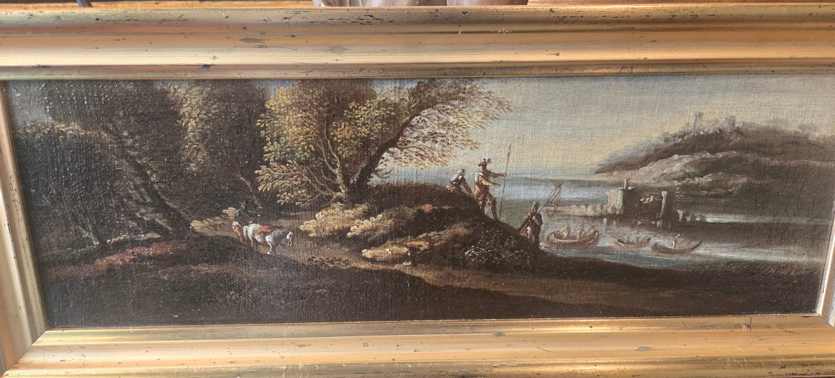 Pair Of Oil Paintings On Canvas, Landscapes With Figures, 47 X 16 Cm, Attributed To Crescenzo Onofri, Late 17th Century-photo-4