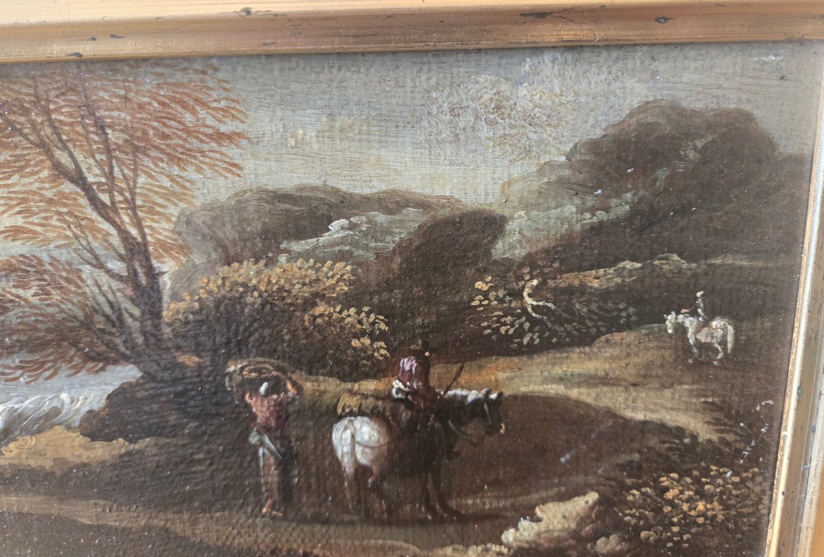Pair Of Oil Paintings On Canvas, Landscapes With Figures, 47 X 16 Cm, Attributed To Crescenzo Onofri, Late 17th Century
