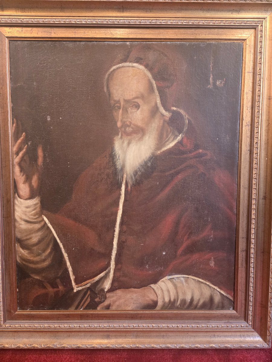 Huile sur toile, portrait de Pape, ecole italienne du XVIII siecle, cm 61 x 73, en l'etat -photo-3