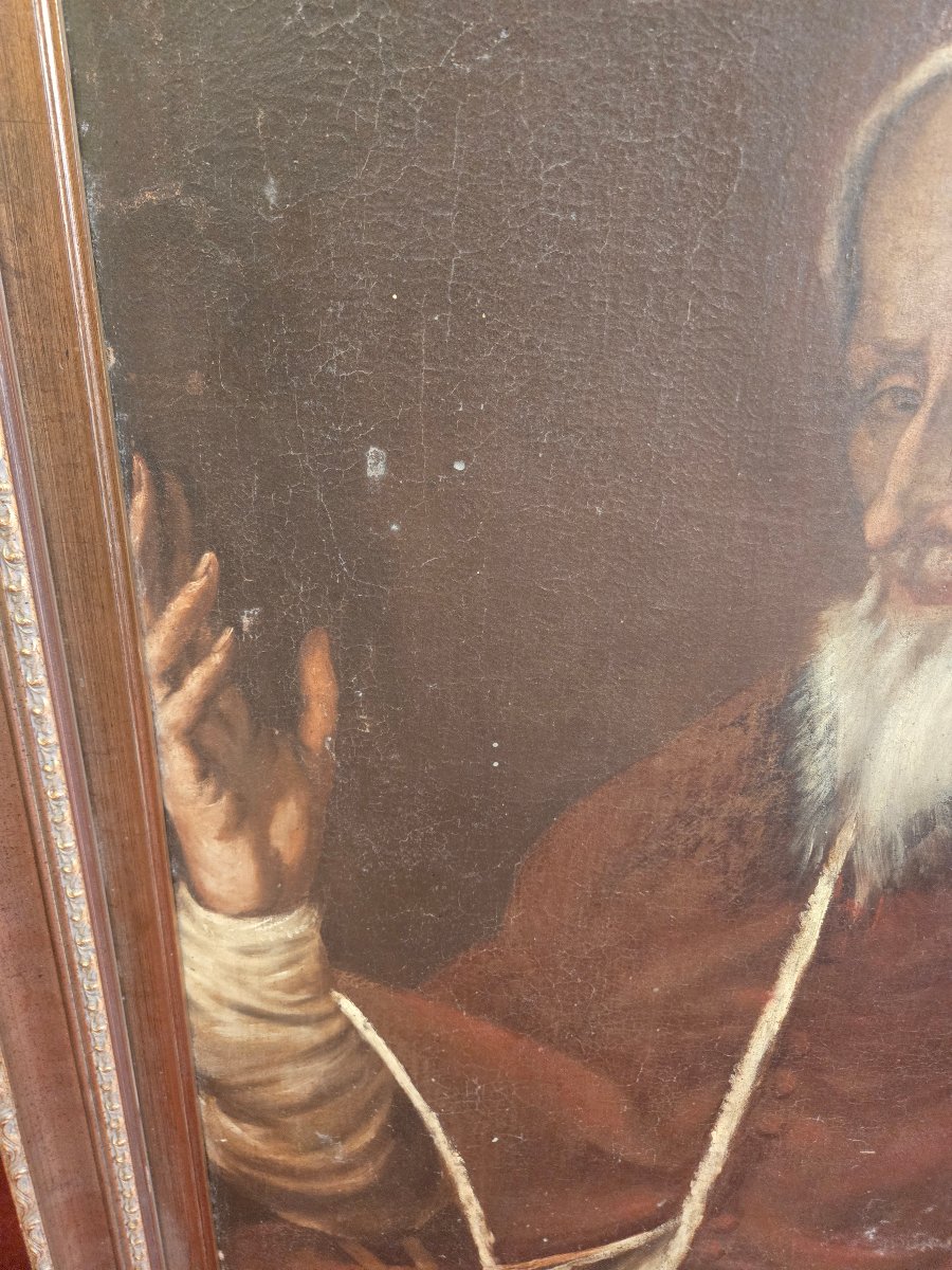 Huile sur toile, portrait de Pape, ecole italienne du XVIII siecle, cm 61 x 73, en l'etat -photo-1