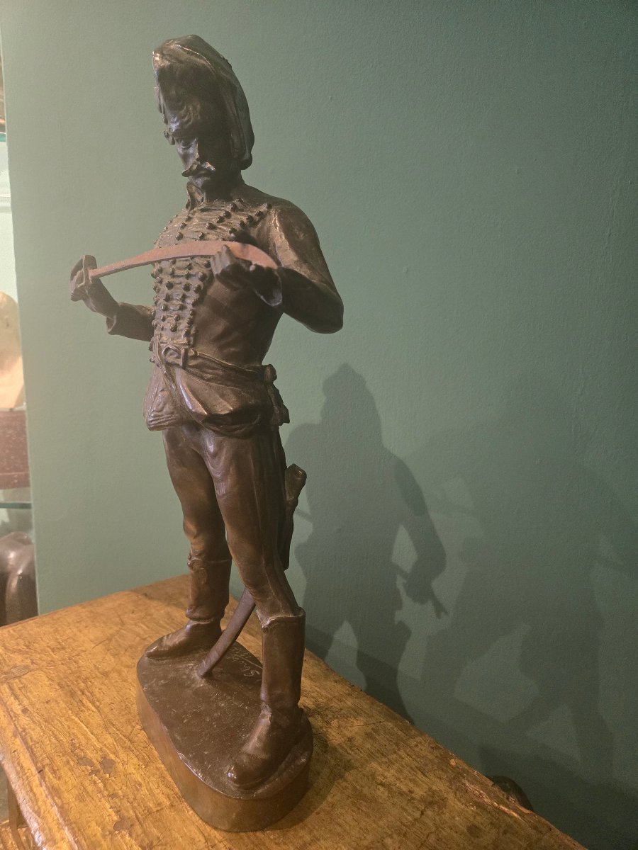 Patinated Bronze Sculpture, Hussar With Sword, Signed And Dated Strobl 1922, In Excellent Condition -photo-4