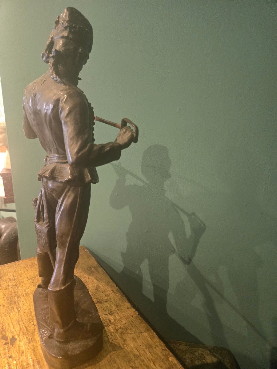 Patinated Bronze Sculpture, Hussar With Sword, Signed And Dated Strobl 1922, In Excellent Condition -photo-1
