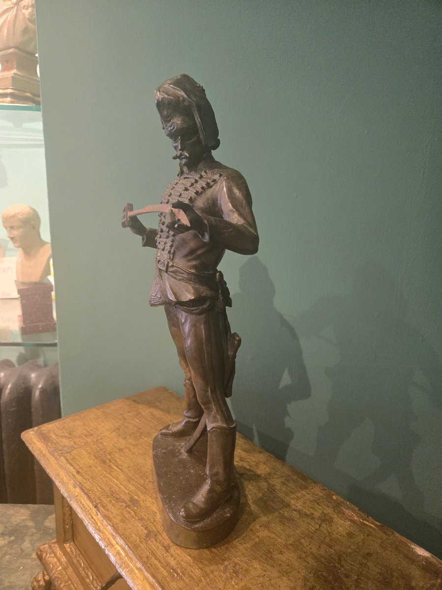 Patinated Bronze Sculpture, Hussar With Sword, Signed And Dated Strobl 1922, In Excellent Condition -photo-6