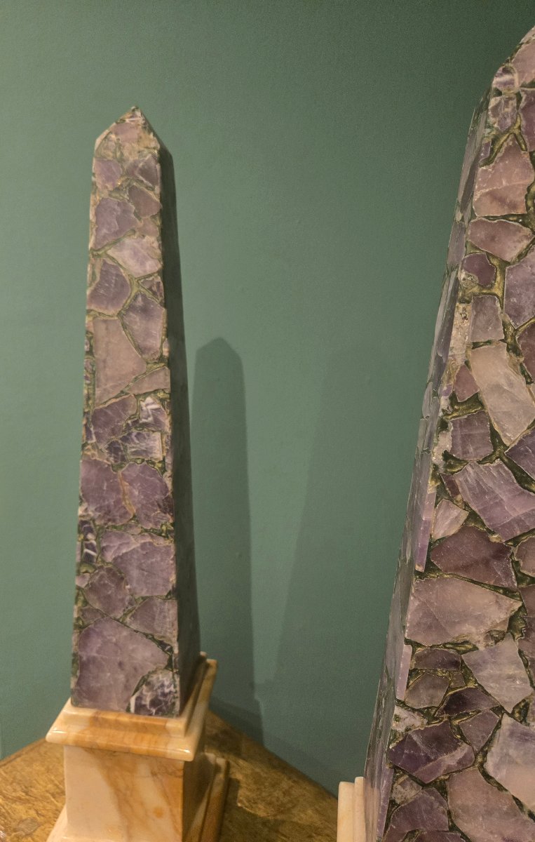 Pair Of Amethyst Obelisks With Siena Yellow Marble Bases, Height 53 Cm, 20th Century, Excellent Condition-photo-2