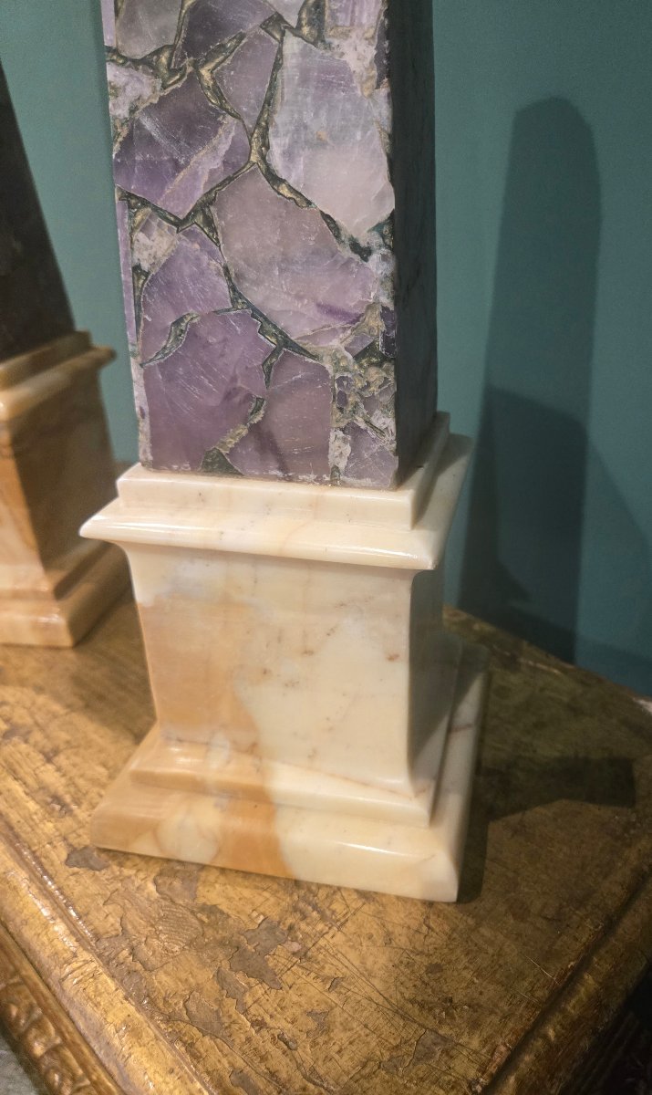 Pair Of Amethyst Obelisks With Siena Yellow Marble Bases, Height 53 Cm, 20th Century, Excellent Condition-photo-4