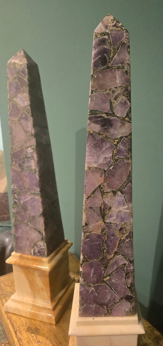 Pair Of Amethyst Obelisks With Siena Yellow Marble Bases, Height 53 Cm, 20th Century, Excellent Condition-photo-1